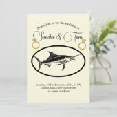 エレガントなゴールドの指輪とマリン魚の結婚式 招待状 (スタンド正面)