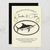 エレガントなゴールドの指輪とマリン魚の結婚式 招待状 (正面/裏面)