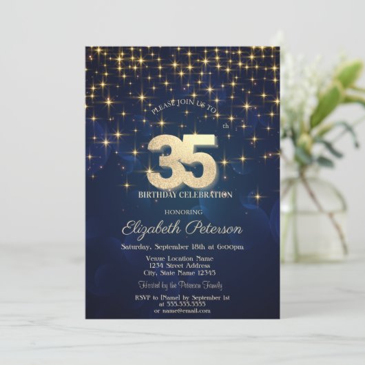 エレガントなゴールドの星 ネイビーブルー 35歳の誕生日パーティー 招待状 (スタンド正面)