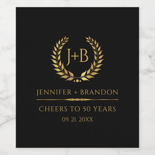 エレガントなゴールドの月桂樹の花輪　50年のお祝い ワインラベル (シングルラベル)