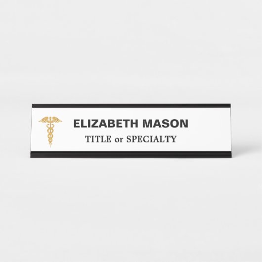 エレガントなゴールドの杖のマーク（白地） デスクネームプレート (正面)