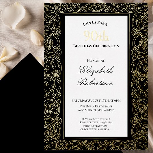 エレガントなゴールドの枠 女性の90歳の誕生日 ゴールド 箔招待状