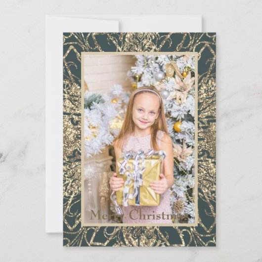 エレガントなゴールドの楽しいクリスマスの写真リアル シーズンカード (正面)
