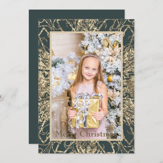 エレガントなゴールドの楽しいクリスマスの写真リアル シーズンカード (正面/裏面)