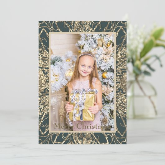 エレガントなゴールドの楽しいクリスマスの写真リアル シーズンカード (スタンド正面)