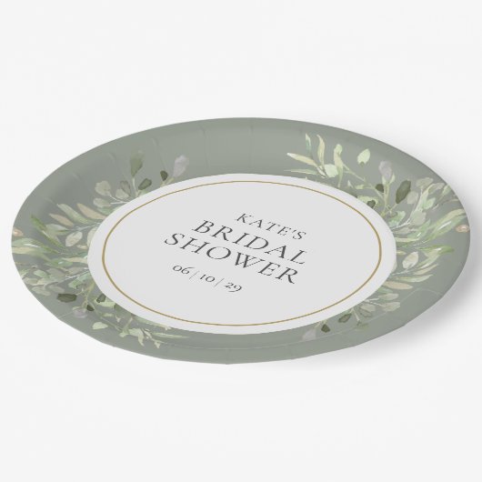 エレガントなゴールドの水彩グリーン ブライダルシャワー ペーパープレート (アングル)