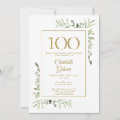 エレガントなゴールドの水彩グリーン 100歳の誕生日 招待状 (正面)