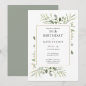 エレガントなゴールドの水彩グリーン 90歳の誕生日 招待状 (正面/裏面)