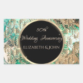 エレガントなゴールドの渦巻き アニバーサリー グリーン マーブル 長方形シール (正面)