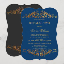 エレガントなゴールドの渦巻き 青 招待状