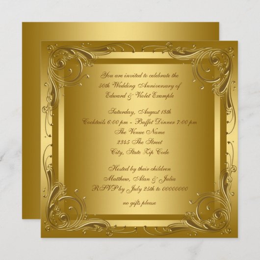 エレガントなゴールドの結婚記念日パーティー 招待状 (正面/裏面)