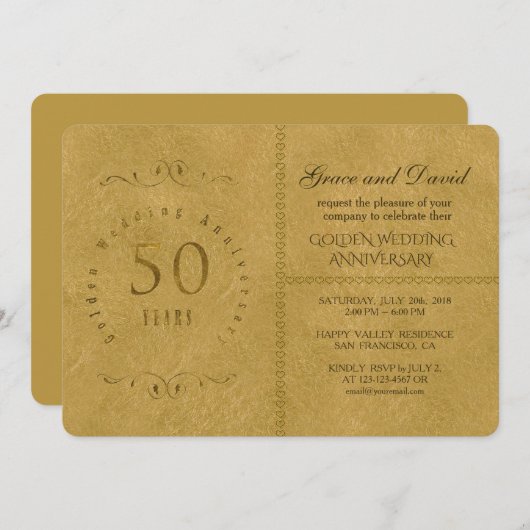 エレガントなゴールドの結婚50周年招待状 招待状 (正面/裏面)