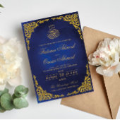 エレガントなゴールドの縁取りが付いた青いイスラム教のムスリムの結婚式 招待状