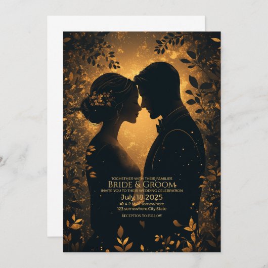 エレガントなゴールドの背景が付いたロマンチックなシルエット 招待状 (正面/裏面)