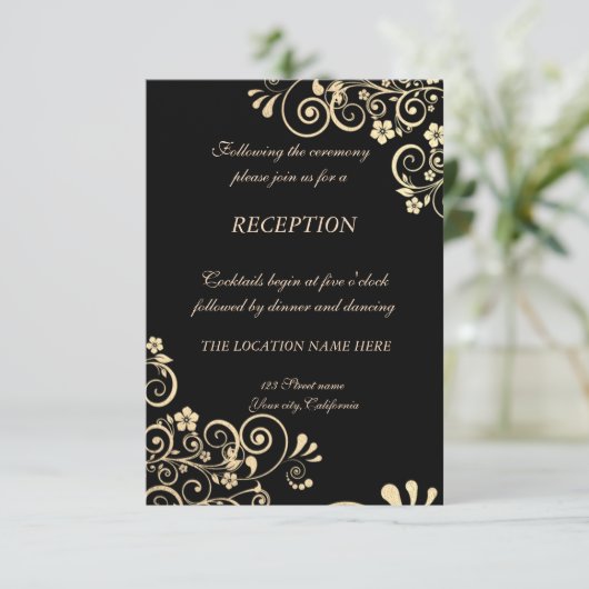 エレガントなゴールドの花のウェディングレセプション 招待状 (スタンド正面)
