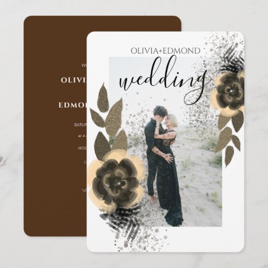 エレガントなゴールドの花のフレーム写真 ウェディング 招待状 (正面/裏面)
