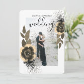 エレガントなゴールドの花のフレーム写真 ウェディング 招待状 (スタンド正面)