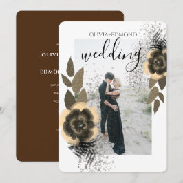 エレガントなゴールドの花のフレーム写真 ウェディング 招待状