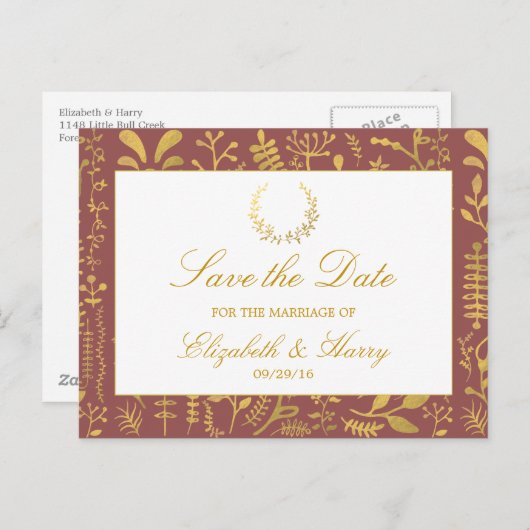 エレガントなゴールドの花のリースの結婚式のSave The Date 案内ポストカード (正面/裏面)