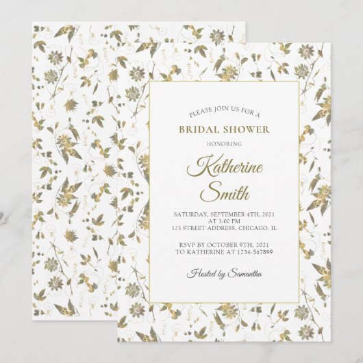 エレガントなゴールドの花のヴィンテージ シャワーブライダルシャワー 招待状 (正面/裏面)