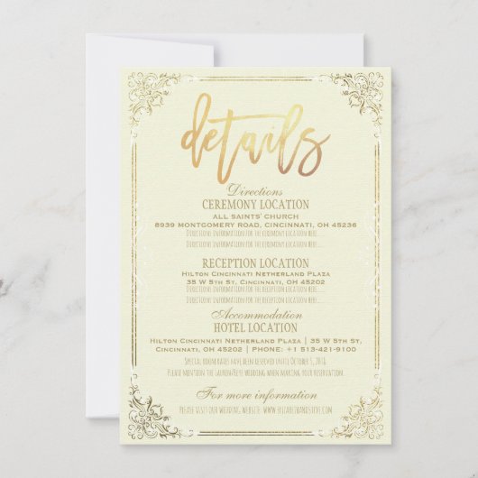 エレガントなゴールドの花フレーム ウェディング ディレクション 詳細 招待状 (正面)