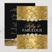 エレガントなゴールドの花柄の渦巻き 50歳にして素晴らしい 招待状 (正面/裏面)