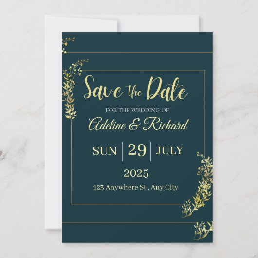 エレガントなゴールドの花柄の「Save The Date」カード サンキューカード (正面)