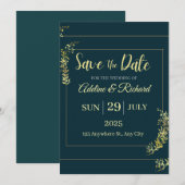 エレガントなゴールドの花柄の「Save The Date」カード サンキューカード (正面/裏面)
