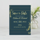 エレガントなゴールドの花柄の「Save The Date」カード 招待状 (スタンド正面)