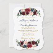 エレガントなゴールドの花柄ブルー バーガンディ ウェディング GB 招待状 (正面)