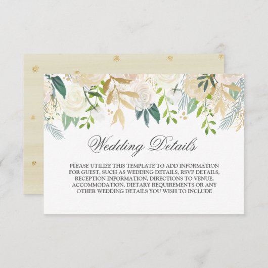 エレガントなゴールドの花柄水彩画ウェディングディテール 招待状 (正面/裏面)