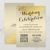 エレガントなゴールドの花柄 ウェディング セレブレーション 招待状 (正面/裏面)