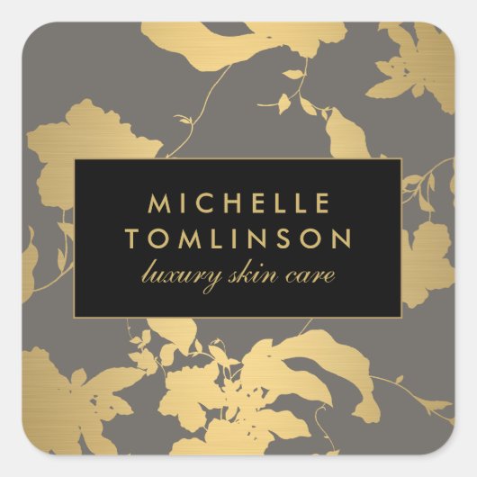 エレガントなゴールドの花柄 グレー スクエアシール (正面)