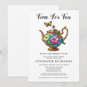 エレガントなゴールドの花模様のティーポット ブライダルシャワー 招待状 (正面/裏面)