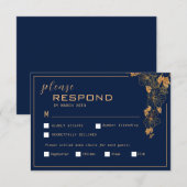 エレガントなゴールドの花模様の葉のネイビーブルー 出欠カード (正面/裏面)