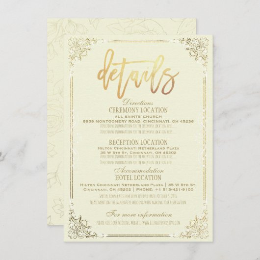 エレガントなゴールドの花模様フレーム ウェディングディレクションの詳細 招待状 (正面/裏面)