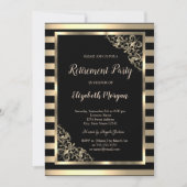 エレガントなゴールドの花模様フレーム ストライプ柄の引退 招待状 (正面)