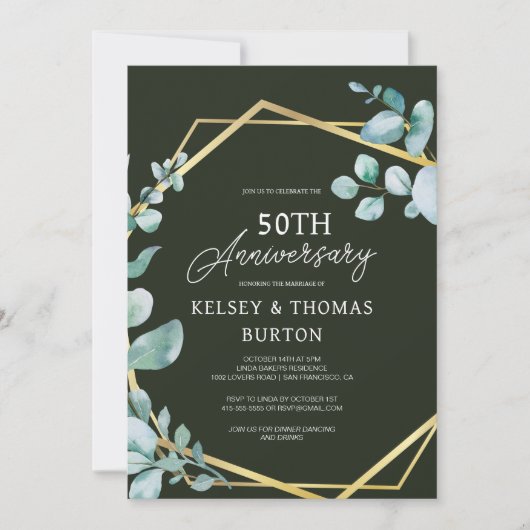 エレガントなゴールドの花模様 50周年結婚記念日 招待状 (正面)
