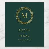 エレガントなゴールドの花輪 エメラルドグリーンのイニシャル ワインラベル (シングルラベル)