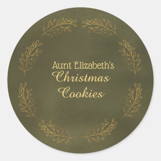 エレガントなゴールドの葉のグリーンクリスマスCookiesラベル ラウンドシール (正面)