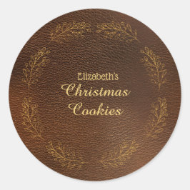 エレガントなゴールドの葉の茶色のクリスマスケーキラベル ラウンドシール