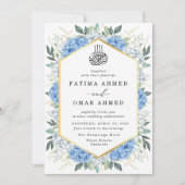 エレガントなゴールドの葉の青い花のムスリムウェディング 招待状 (正面)