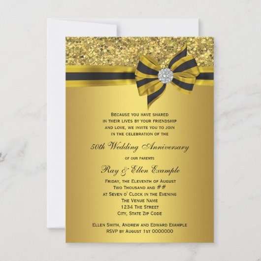 エレガントなゴールドの蝶ネクタイ 50周年パーティー 招待状 (正面)