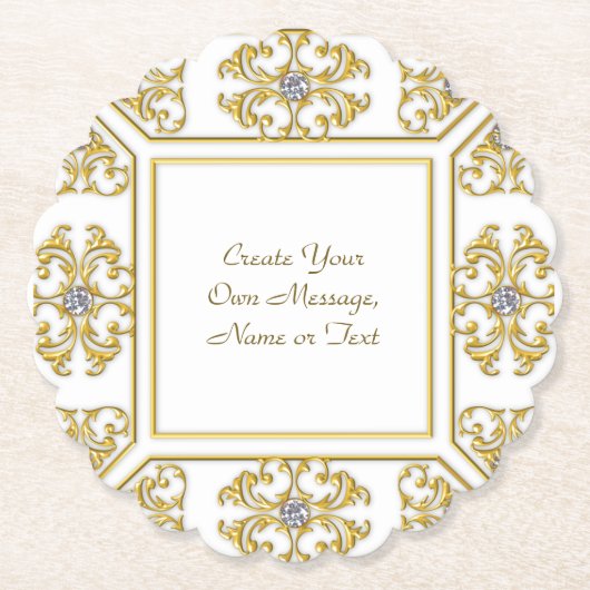 エレガントなゴールドの装飾枠(ダイヤモンドアクセント付き) ペーパーコースター (正面)