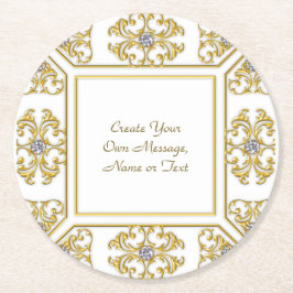 エレガントなゴールドの装飾枠（ダイヤモンドアクセント付き） ラウンドペーパーコースター