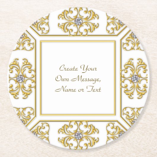 エレガントなゴールドの装飾枠（ダイヤモンドアクセント付き） ラウンドペーパーコースター (正面)