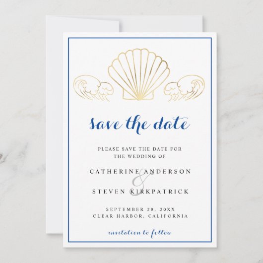 エレガントなゴールドの貝殻と波の結婚式 Save The Date 招待状 (正面)