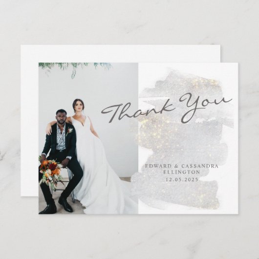 エレガントなゴールドの輝きを帯びたシルバーグレーのウェディングお礼メッセージ ポストカード (正面/裏面)
