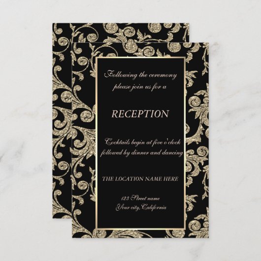 エレガントなゴールドの輝く渦巻き ウェディングレセプション 招待状 (正面/裏面)