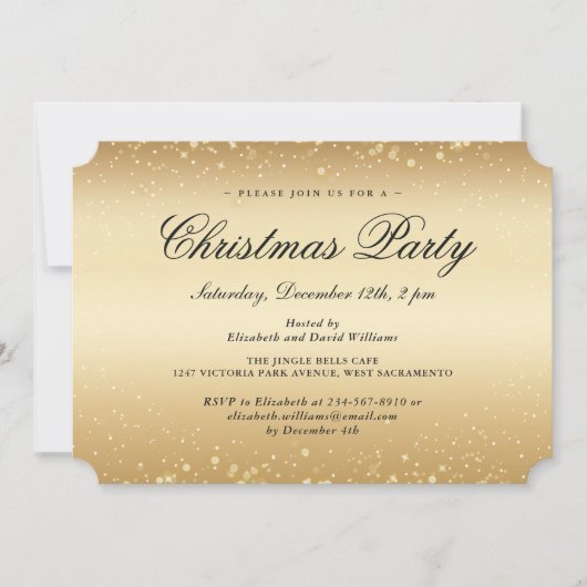 エレガントなゴールドの雪の結晶クリスマスホリデーパーティー 招待状 (正面)
